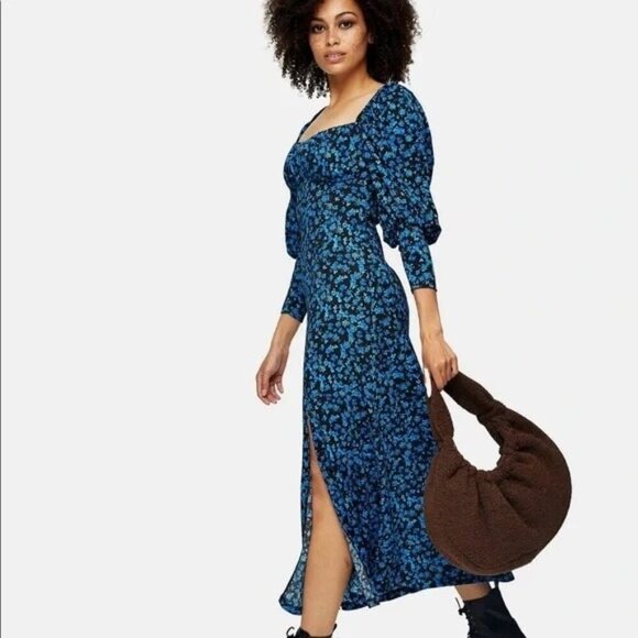 Topshop Midnight Blue Floral Milkmaid Style Boho Dress - Picture 1 of 13